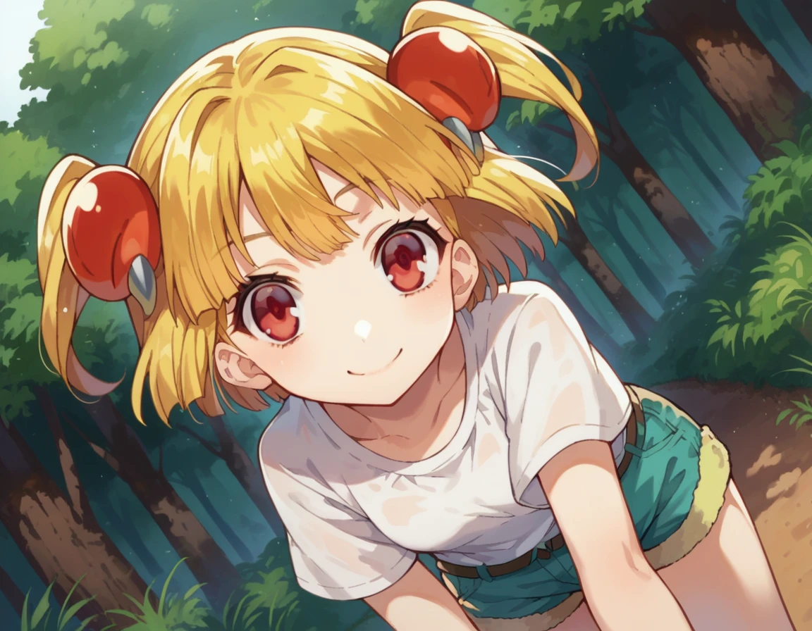 score_9, score_8_up, score_7_up, source_anime,
pattythesummer, <lora:patty-the-summer-ponyxl-lora-nochekaiser:1>
patty the summer, short hair, blonde hair, red eyes, twintails, two side up, hair ornament, smile,
shirt, white shirt, shorts,
outdoors, forest, bent over,
looking at viewer, dutch angle, cowboy shot