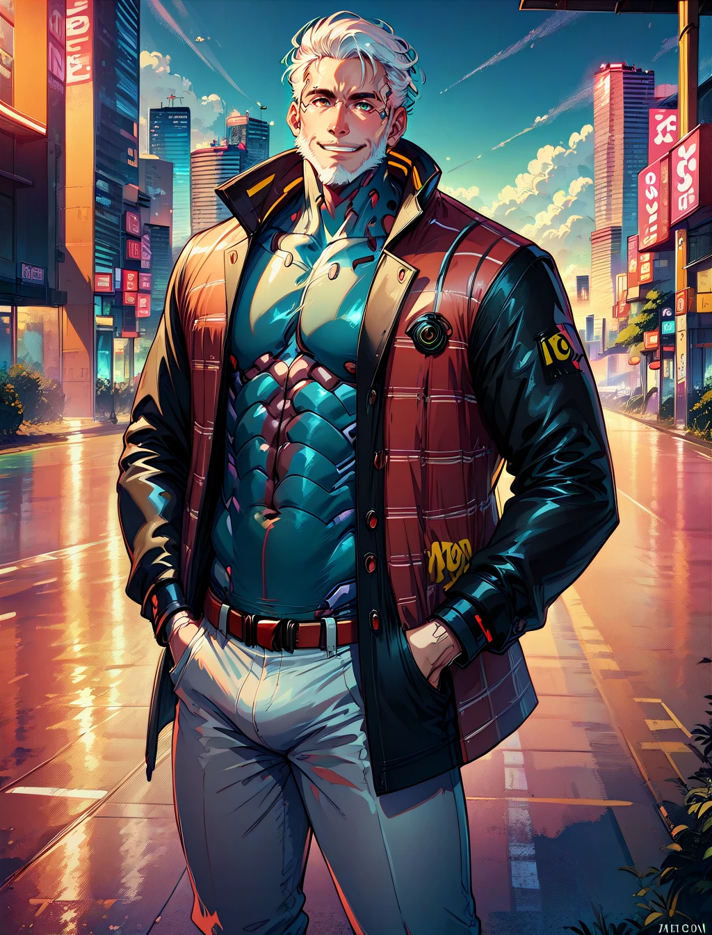score_9, score_8_up, score_7_up, man in checkered suit, long beard, smile, hands in pockets, cyberpunk scenery <lora:KibishiAnimePony:1>
