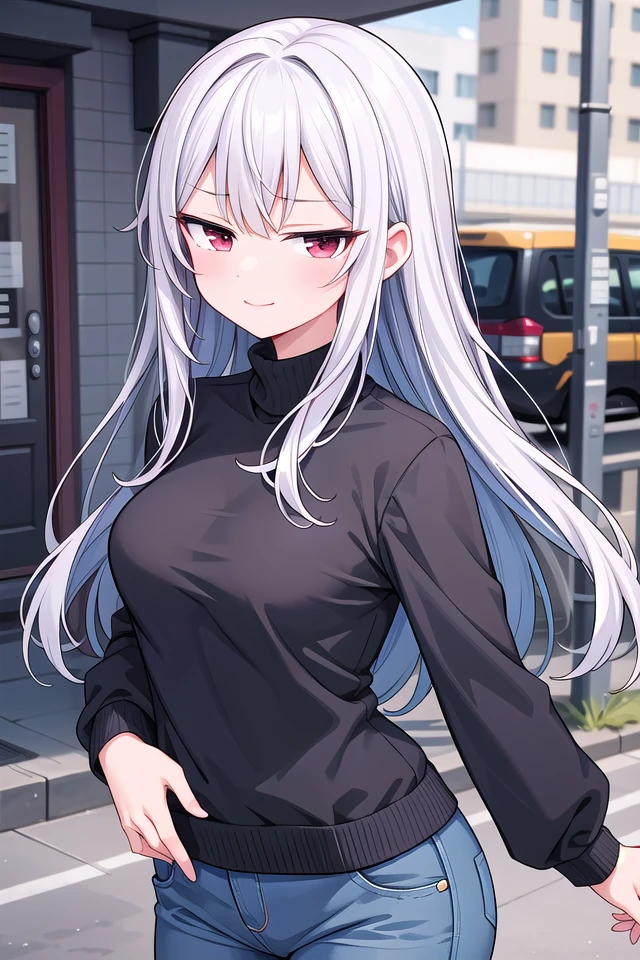 <lora:sensualface_type3_v3:1>
insanely detailed, absurdres, ultra-highres, ultra-detailed, best quality,
1girl, solo, nice hands, perfect hands
BREAK
pea coat, turtleneck, straight pants
BREAK
(nsfw:-1.5)
BREAK
seductive smile, closed mouth
BREAK,
standing, cowboy shot, looking at viewer
BREAK
slender, kawaii, perfect symmetrical face, ultra cute girl, ultra cute face, ultra detailed eyes, ultra detailed hair, ultra cute, ultra beautiful
BREAK
in schoolyard, depth of field, ultra detailed background
BREAK
medium breasts
BREAK
purple hair, red eyes, long hair,