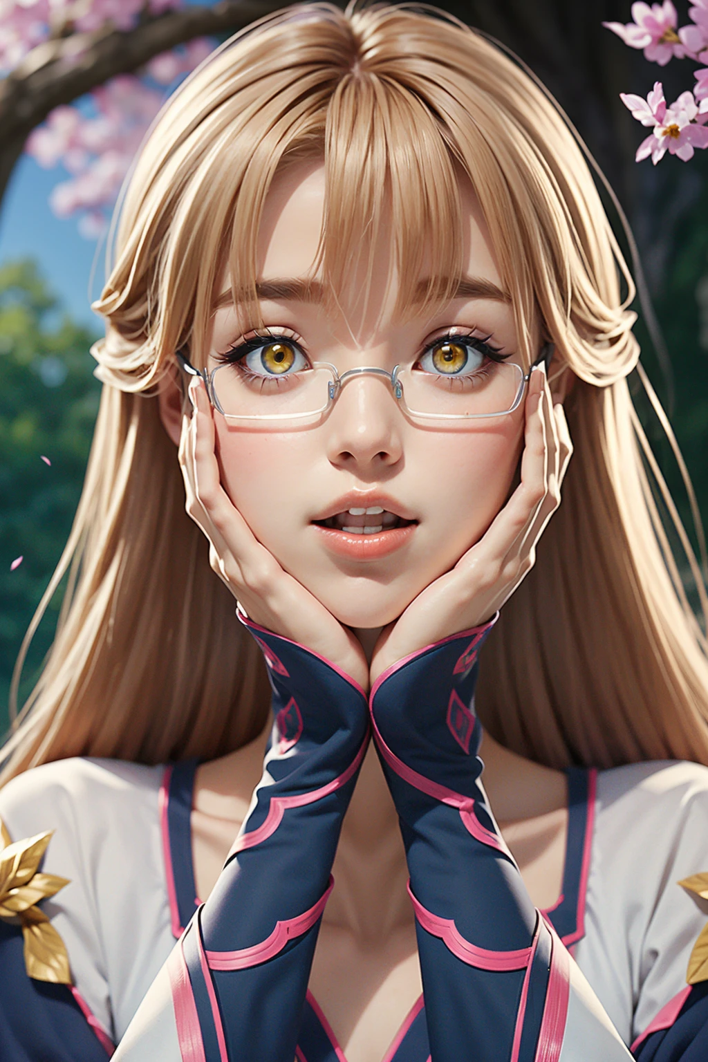 (2d:1.2), wide shot, (dynamic angle:1.1), outline, ((thick lineart)), cover, stylish, official art, (details:1.2), (fantasy), garden, (bloom:1.1), glow:0.2, shadow, nature, cherry blossoms, particles, (depth of field), sharp focus, (volumetric lighting), (bokeh:0.6), film grain:0.4, day, (soft lighting:1.1), Mmarrie, long hair, looking at viewer, open mouth, brown hair, yellow eyes, :d, glasses, bracelet, hands on own face, hands on own cheeks, <lora:Tatoeba_Last_ Dungeon_Marie_Azami_00_01:1>
