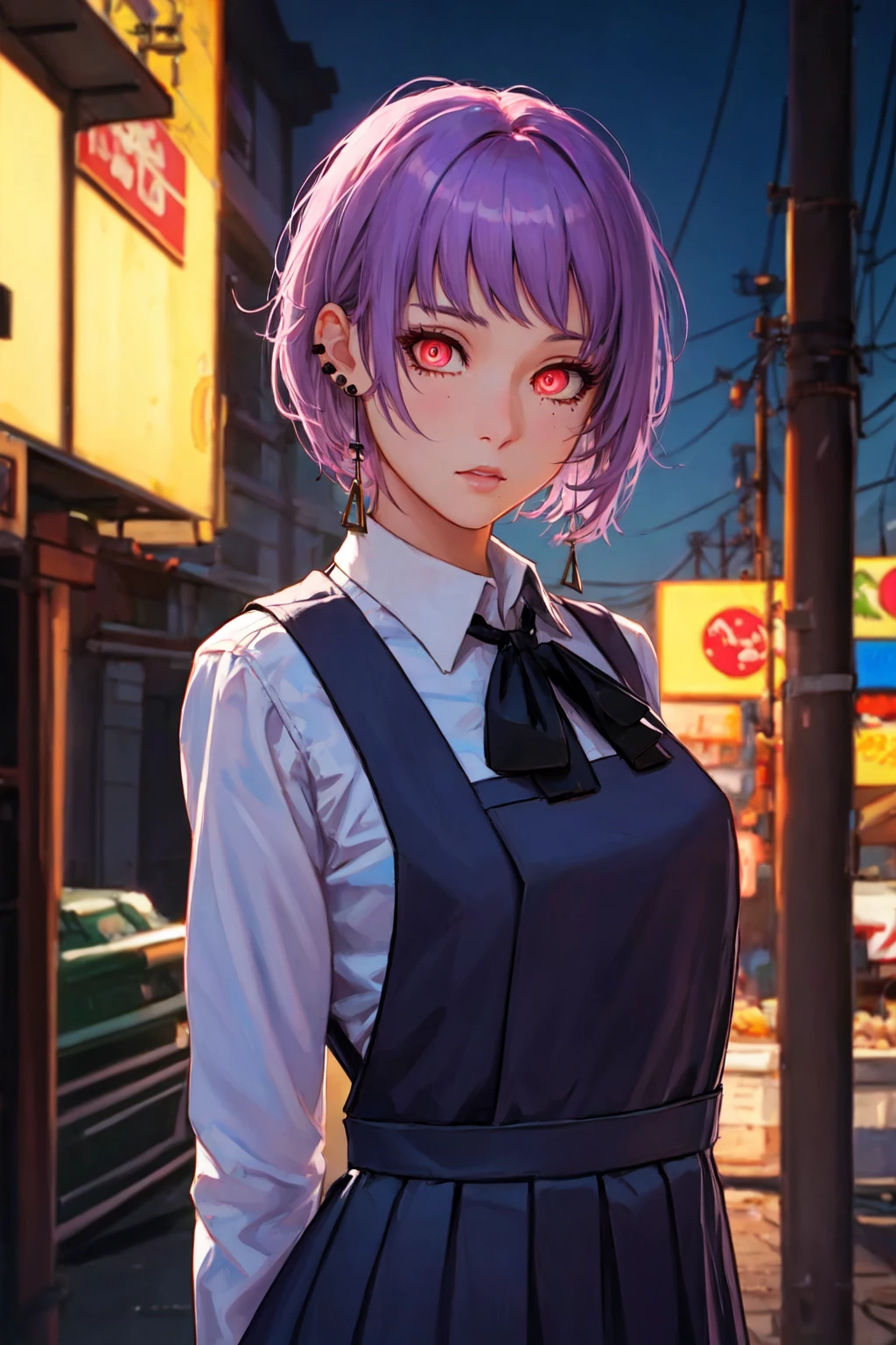 soft and warm color, movie still,bright, vivid,dreamy, evocative use of light and shadow, incredible beauty, anime style, vibrant, studio anime, beautiful, textural, ray tracing, absurdres, offical art, illustration, (((masterpiece))),(((best quality))),((ultra-detailed)), 1girl, aged_up, solo, looking at viewer, fami, (ringed eyes:1.4), pink eyes, short hair, bangs, pale_purple_hair, earrings, ribbon, black ribbon, black pinafore dress, pinafore dress, hayao miyazaki style, <lora:Fami_Chainsaw_man:0.8>, outdoors, arms behind back