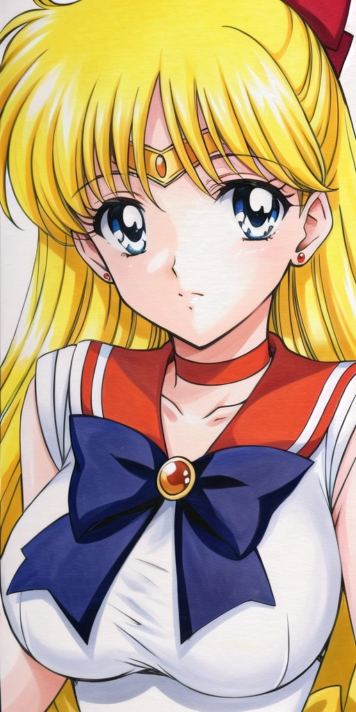 <lora:Aino_MinakoV3:0.7>, Aino_Minako, huge_breasts, standing, solo, White_leotard_Orange_sailor_collar_Orange_miniskirt_White_gloves_Orange_choker_Blue_bowtie_Yellow_back_bow_Circlet_Yellow_brooch_Short_sleeves, masterpiece, best_quality, detailed_face, detailed_eyes, highres, beautiful, detailed, absurdres,