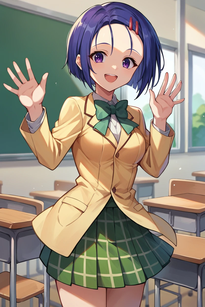 score_9, score_8_up, score_7_up, score_6_up, source_anime, BREAK <lora:tlrharuna-pdxl-nvwls-v1-000005:1> tlrharuna, hairclip, green bowtie, yellow blazer, long sleeves, green miniskirt, plaid, short skirt, looking at viewer, happy, open mouth, classroom, medium breasts, waving