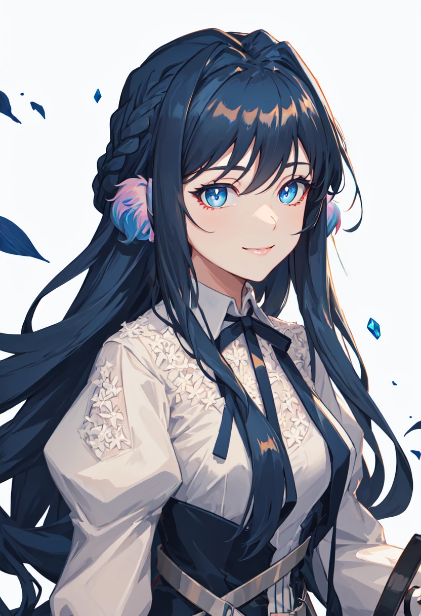 best quality, masterpiece, highres, solo, (astesia_arknights:1.10), 1girl, closed mouth, looking at viewer, white shirt, simple background, upper body, white background, smile, braid, collared shirt, long sleeves, neck ribbon, puffy sleeves, diamond (shape), 6 <lora:astesia_arknights:0.80>