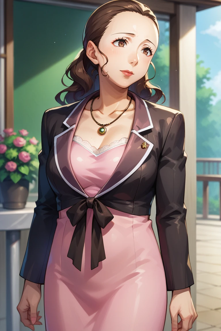 score_9, score_8_up, score_7_up, BREAK, 1girl, solo, breasts, <lora:eriminami-guy-PONYv1:1>, eriminami, makeup, necklace, black jacket, tied jacket, pink dress, mature female,