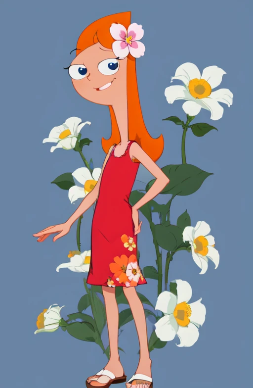 <lora:Candace Flynn SD15 V1:1> Candace_Flynn, medium hair, looking at viewer, smile, dark blue eyes, simple background, hair ornament, dress, full body, flower, hair flower, orange hair, flat chest, parody, red dress, sandals, style parody, flower print, feet, skirt lift, panties