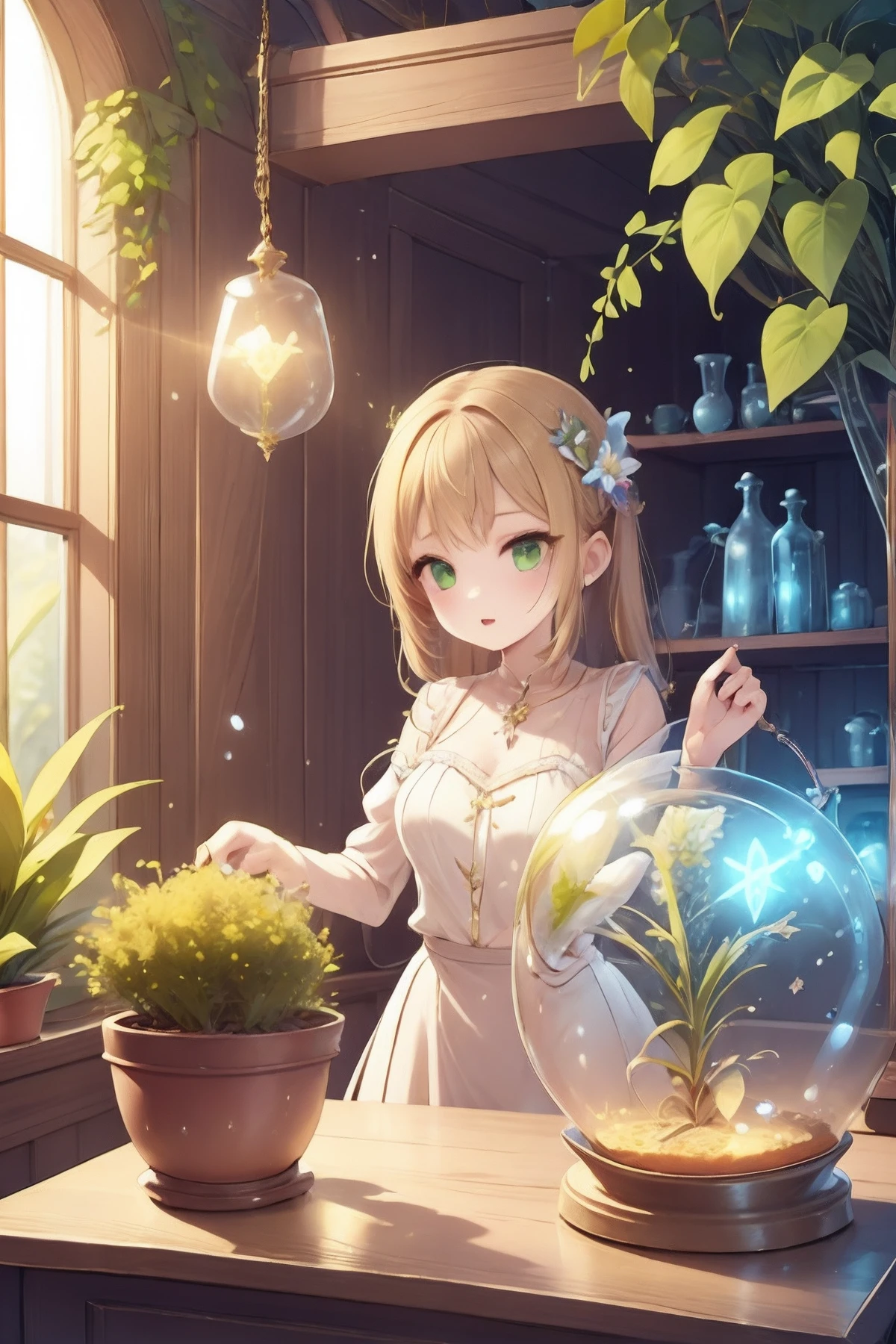 1girl,standing, outfit,girl hand on terrarium ,terrarium on window side desk, heal potion,antique bottle,plant,flower,water,glowing