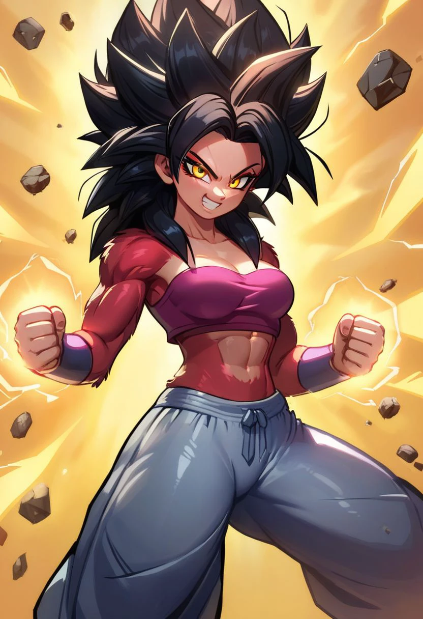 score_9, score_8_up, score_8, cute, curvy, 
 Super_Saiyan_4_Caulifla,  1girl,  crop top,  long black hair,  body fur,  red fur, yellow eyes, 
baggy pants, 
Aura, energy, glowing, swirling energy,  
electricity, aura, smile, smug, clenched_fist, looking at viewer, cowboy shot,  glowing, aura, energy, beam, flying debris, serious, floating hair,