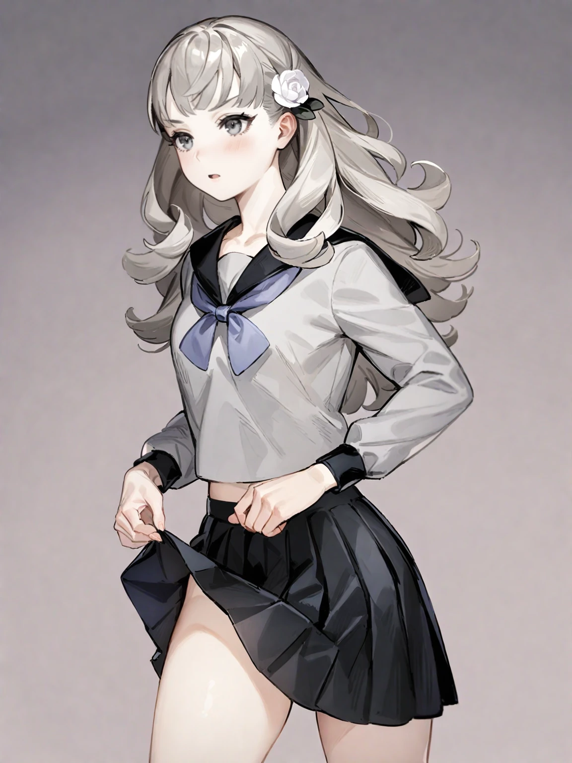 fuyusaka iori, 1girl, solo, skirt, school uniform, hair flower, long hair, flower, hair ornament, serafuku, grey eyes, grey hair, simple background, skirt lift, black skirt, pleated skirt, long sleeves,masterpiece,best quality,very aesthetic,absurdres