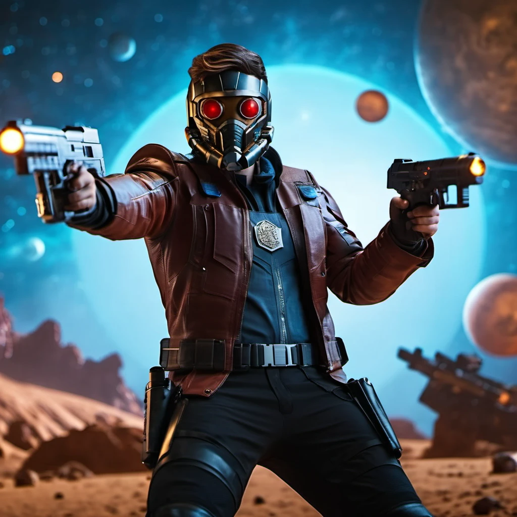 cinematic photo a man, full body with a mask aims spaceguns, planet mars background <lora:Starlord1024:0.7>  . 35mm photograph, film, bokeh, professional, 4k, highly detailed