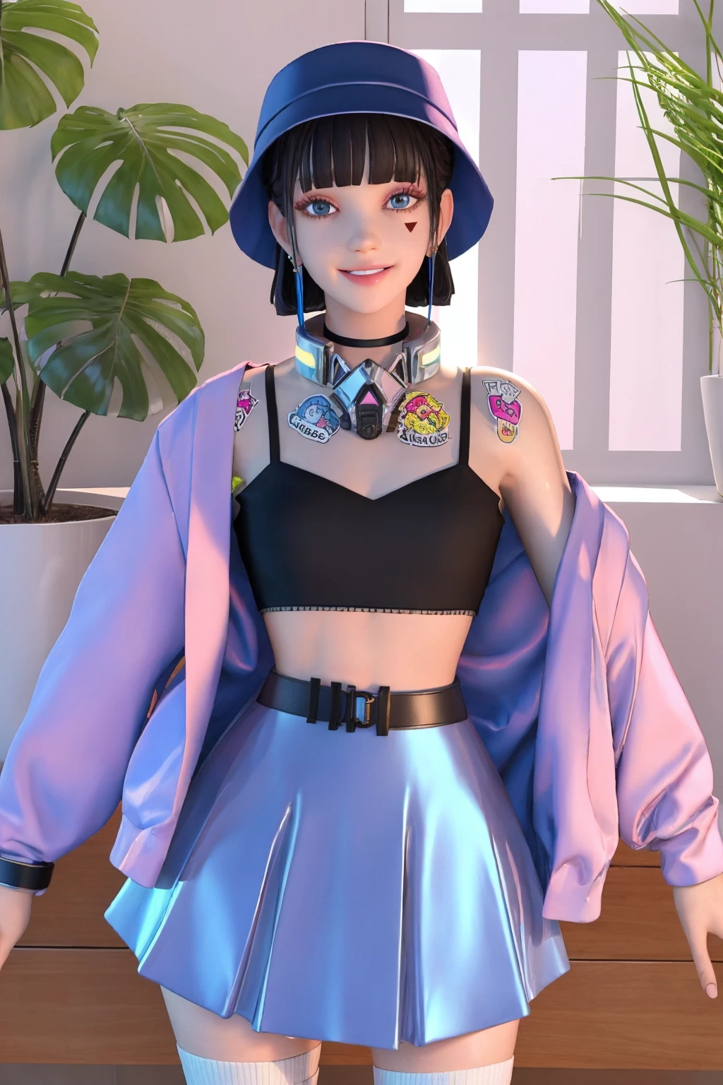 highres, masterpiece, best quality, ultra detailed, detailed eyes, detailed face,
indoors, cowboy shot,
1girl, jyanme, blue skirt, white thighhighs, rounded hat, pink jacket, belt, looking at viewer, midriff, black crop top, pleated skirt, zettai ryouiki, open clothes, off shoulder, black top, headphones around neck, see-through, choker, blue hat, earring, bracelet, (smile:0.8), parted lips, facial mark, plant, sticker,
<lora:jyanme v4-000008:0.7>