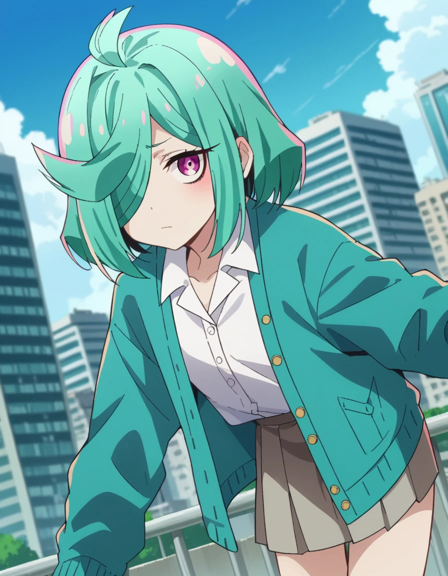score_9, score_8_up, score_7_up, source_anime,
nemoanemo, <lora:nemo-anemo-ponyxl-lora-nochekaiser:1>
nemo anemo, short hair, green hair, pink eyes, hair over one eye, aqua hair, ahoge,
skirt, shirt, white shirt, cardigan, grey skirt,
outdoors, cityscape, bent over,
looking at viewer, dutch angle, cowboy shot