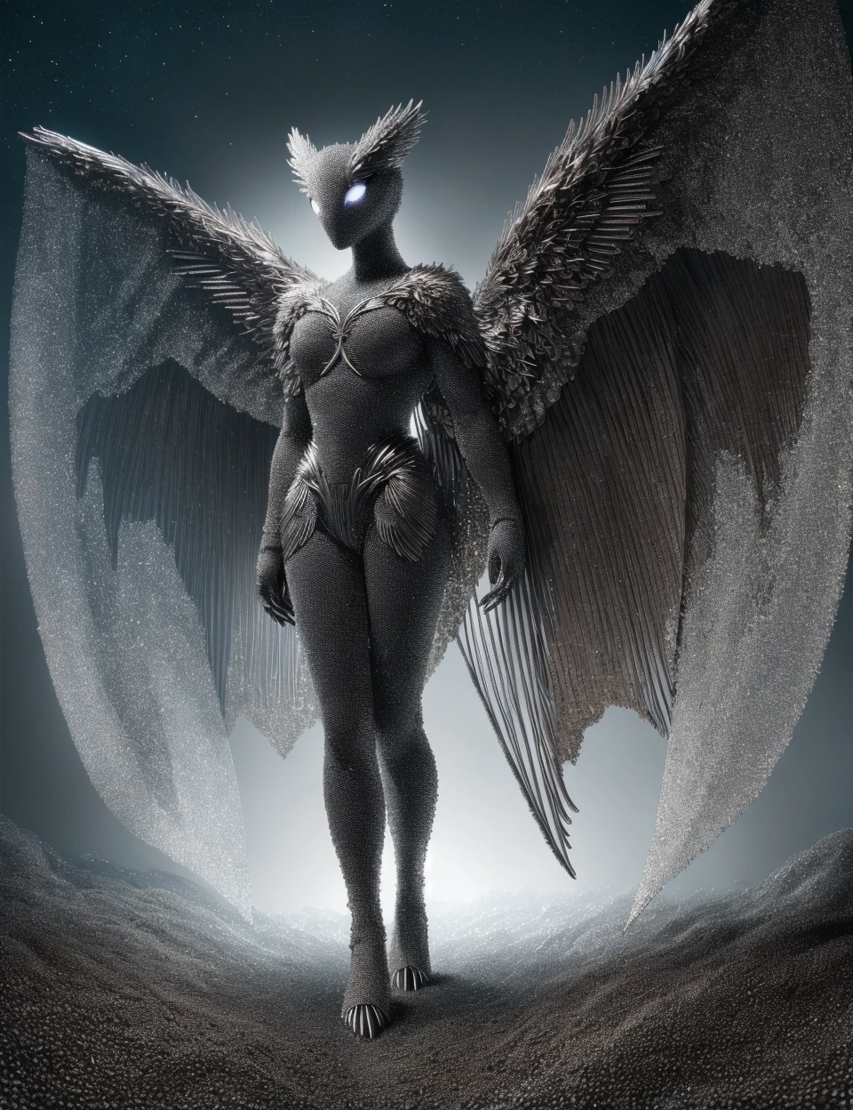 DonM1r0nF1l1ng5, iron filings, medium nocturnal unearthly organic irregular being, bipedal bimanual, padded appendages, spiked-tailed, luminescent skin, webbed ears, dark wings, , <lora:DonM1r0nF1l1ng5-000008:0.8>