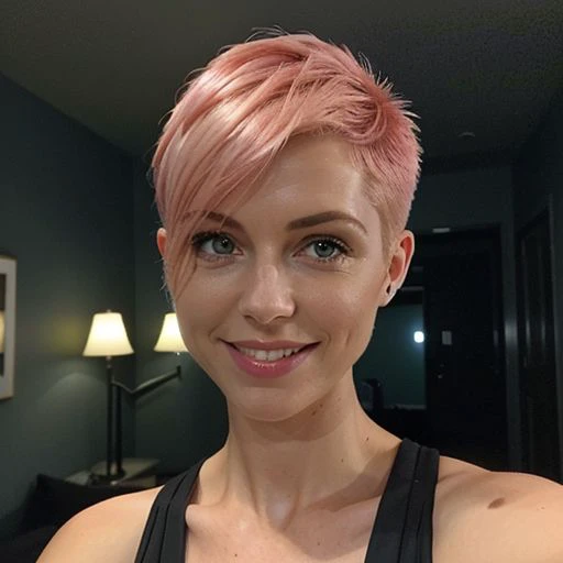 Take a realistic amateur photo of a mid-twenties woman with a slightly rounded face, small breasts, and a flat chest. She has medium length (((pink hair))) styled in an (((asymmetric shaved pixie cut))), looking at the camera with a genuine wide smile showing her teeth. Her eyes are natural, clear blue and green. She is wearing a plain matte black tight cotton dress with thick shoulder straps, set in a dark bedroom with black bedsheets, indoors at night with soft warm evening romantic lighting from lamps that are not visible. The background should be mostly dark as the wallpapers are a deep grey. The lamps and fairy lights in the background are the only source of light in the room. Overall the image has a warm tint and dynamic contrast. The mood is seductive and erotic. (((WARM LIGHTING)))
