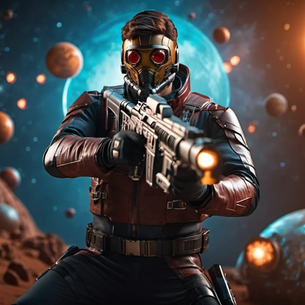 cinematic photo a man, full body with a mask aims spaceguns, planet mars background <lora:Starlord1024:0.7>  . 35mm photograph, film, bokeh, professional, 4k, highly detailed