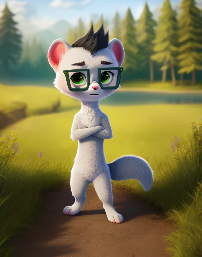  <lora:GoshaWeaselCartoonYif:1>    GoshaWeaselCartoon,     solo,   looking at viewer,   ilver fur, green eyes, Weasel, square dark green glasses, Nude, fighting stance
(beautiful, aesthetic, perfect, delicate, intricate, masterpiece, )  textured fur, [The sun is shining, nature, forest, river, trees, grass, road, sky with clouds,]  
by asnnonaka, by reysi, by ikiki  by silverfox5213,