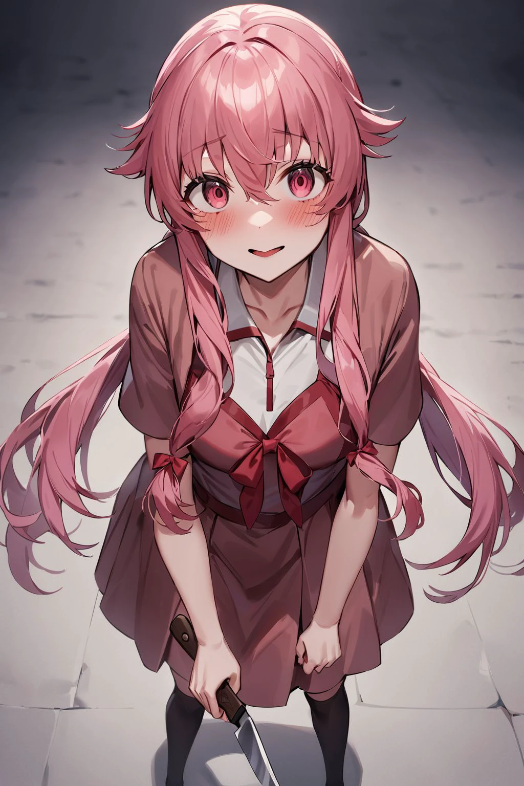 gasai_yuno,yandere,holding_knife,<lora:gasai_yuno XL-000007:1>,, Standing on the ground,frontal,front view,Positive por,masterpiece,best quality,very aesthetic,absurdres