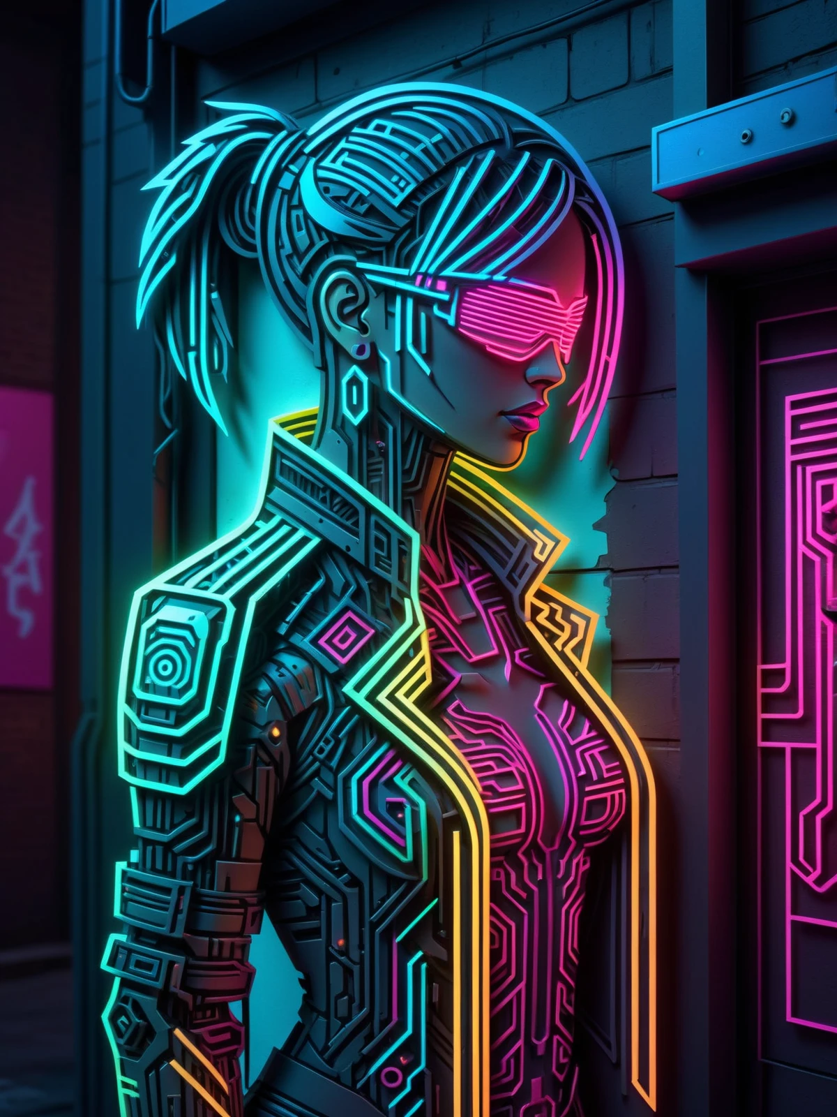 woman, glowing papercut,  mad-cybrpprct1, cyberpunk, alley, neon lights <lora:Neon_Cyberpunk_Papercut_SDXL:0.7>, (masterpiece:1.2), best quality, (hyperdetailed, highest detailed:1.2), high resolution textures