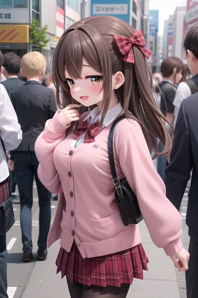 <lora:sensualface_type1_v3:1>
insanely detailed, absurdres, ultra-highres, ultra-detailed, best quality,
1girl, solo, nice hands, perfect hands
BREAK
(School Uniforms:1.2), (pink cardigan is fit body:1.4), ((do up a buttons, not loose):1.5), ((long sleeve, sleeves past wrists):1.2), (inner wear is white collared-shirt:1.3), (red plaid-pattern bow:1.3), (red plaid-pattern pleated skirt:1.3), ((dark-brown pantyhose, loafers):1.2)
BREAK
happy smile, laugh, open mouth, standing,
from side,
cute pose, cowboy shot
BREAK
slender, kawaii, perfect symmetrical face, ultra cute girl, ultra cute face, ultra detailed eyes, ultra detailed hair, ultra cute, ultra beautiful
BREAK
in harajuku, shibuya, tokyo, street, crowd, cityscape
BREAK
medium large breasts,
(brown hair, brown eyes), hime cut