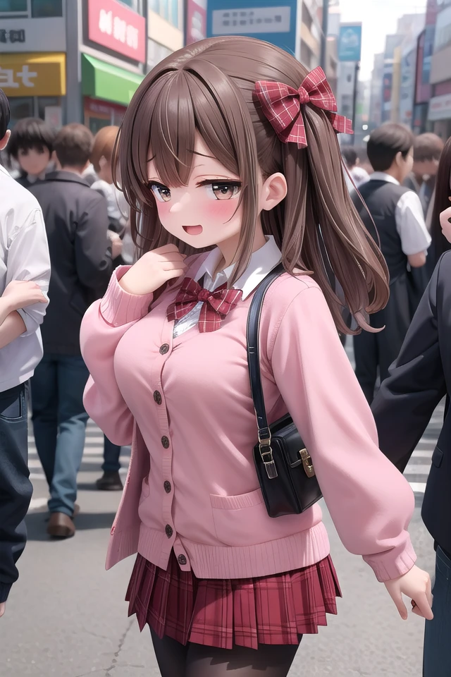 <lora:sensualface_type2_v3:1>
insanely detailed, absurdres, ultra-highres, ultra-detailed, best quality,
1girl, solo, nice hands, perfect hands
BREAK
(School Uniforms:1.2), (pink cardigan is fit body:1.4), ((do up a buttons, not loose):1.5), ((long sleeve, sleeves past wrists):1.2), (inner wear is white collared-shirt:1.3), (red plaid-pattern bow:1.3), (red plaid-pattern pleated skirt:1.3), ((dark-brown pantyhose, loafers):1.2)
BREAK
happy smile, laugh, open mouth, standing,
from side,
cute pose, cowboy shot
BREAK
slender, kawaii, perfect symmetrical face, ultra cute girl, ultra cute face, ultra detailed eyes, ultra detailed hair, ultra cute, ultra beautiful
BREAK
in harajuku, shibuya, tokyo, street, crowd, cityscape
BREAK
medium large breasts,
(brown hair, brown eyes), hime cut