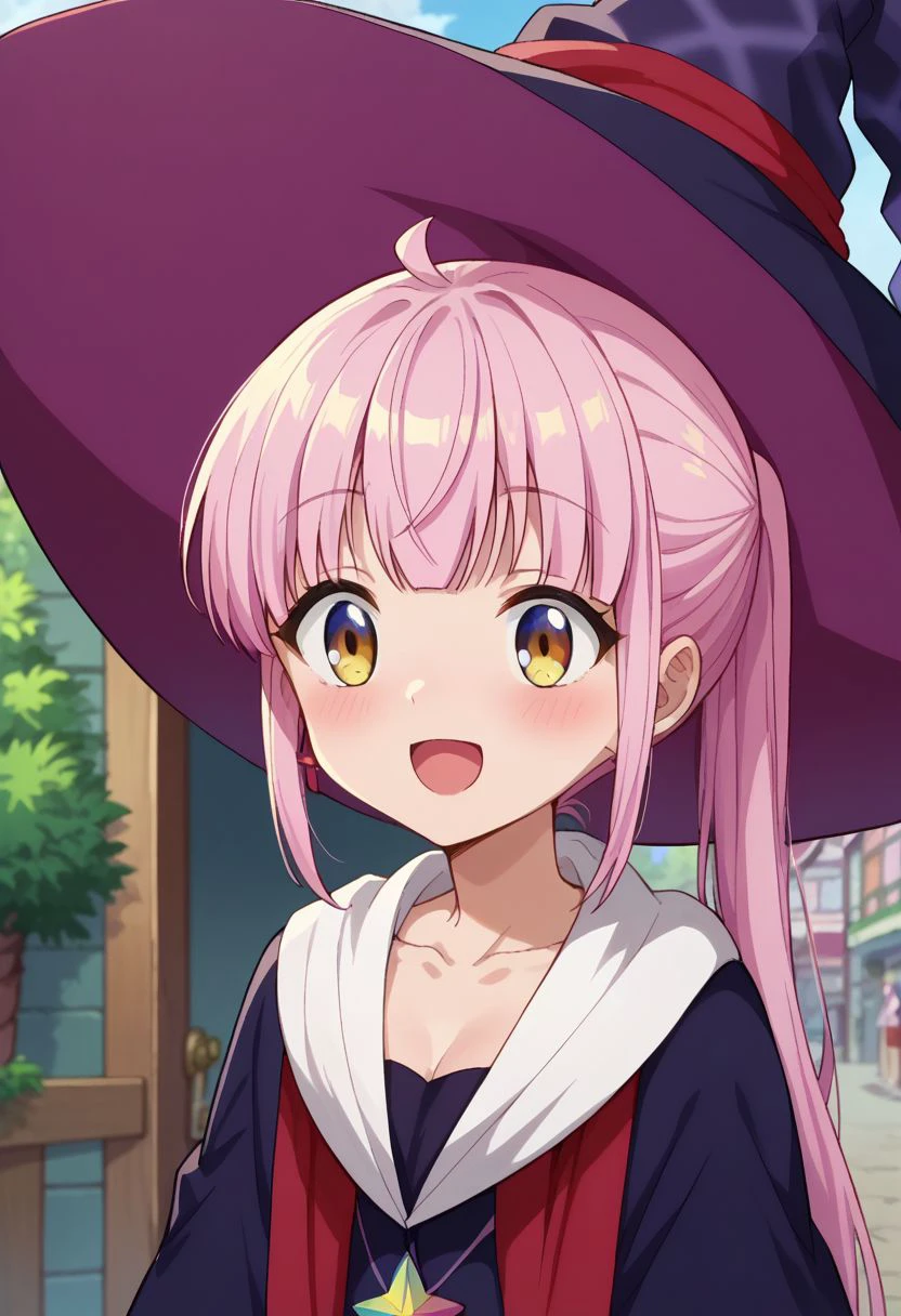 score_9_up, score_8_up, score_7_up, anime screenshot, 
kazairokotone, 1girl, solo, blush, ponytail, jewelry, open mouth, witch hat, collarbone, smile