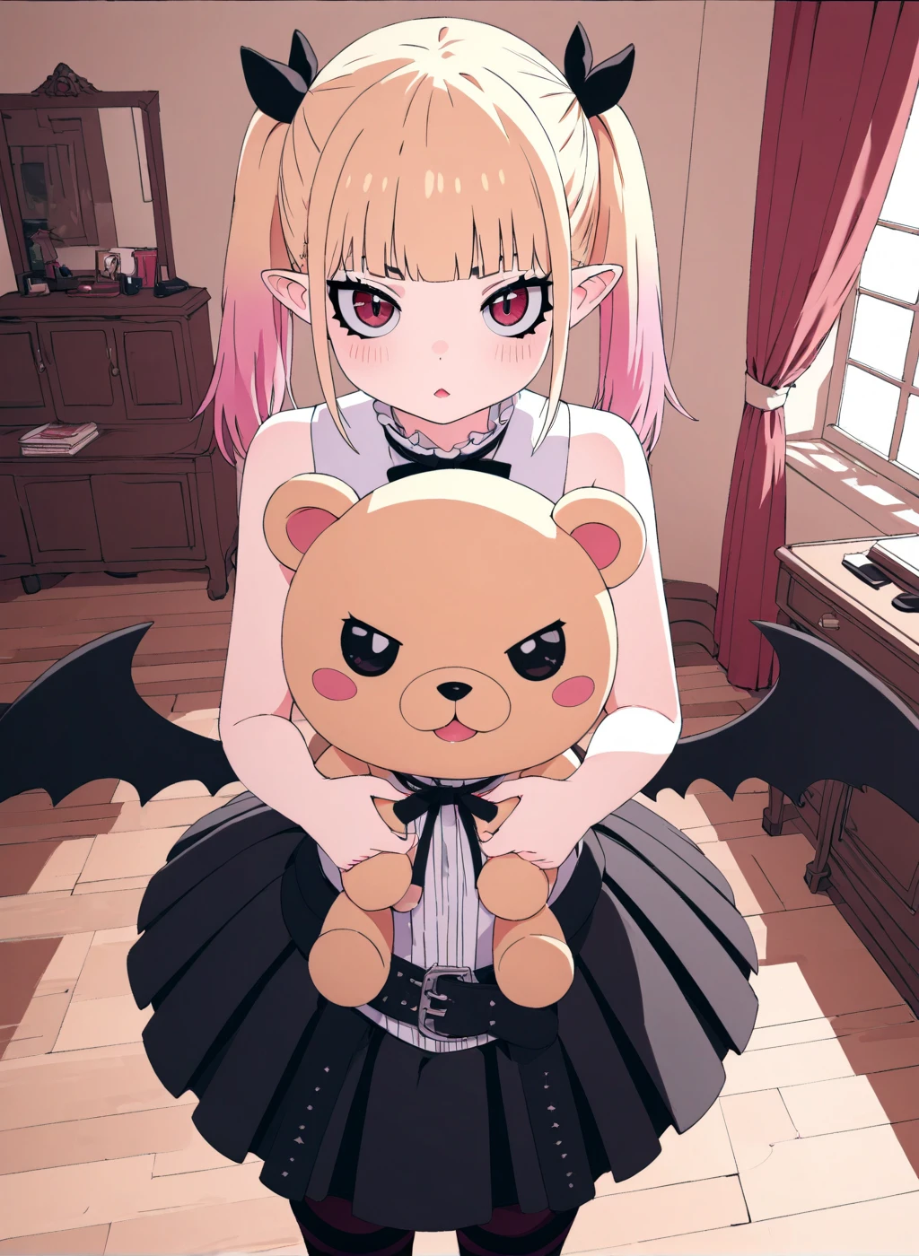 (masterpiece, ultra-detailed,hi-res,8K), 1 girl <lora:SDXL_Vanilla_Peschutz_v2:0.9>Vanilla_Peschutz,hold bear stuffed toy,old europian room,short stature,look at viewer,