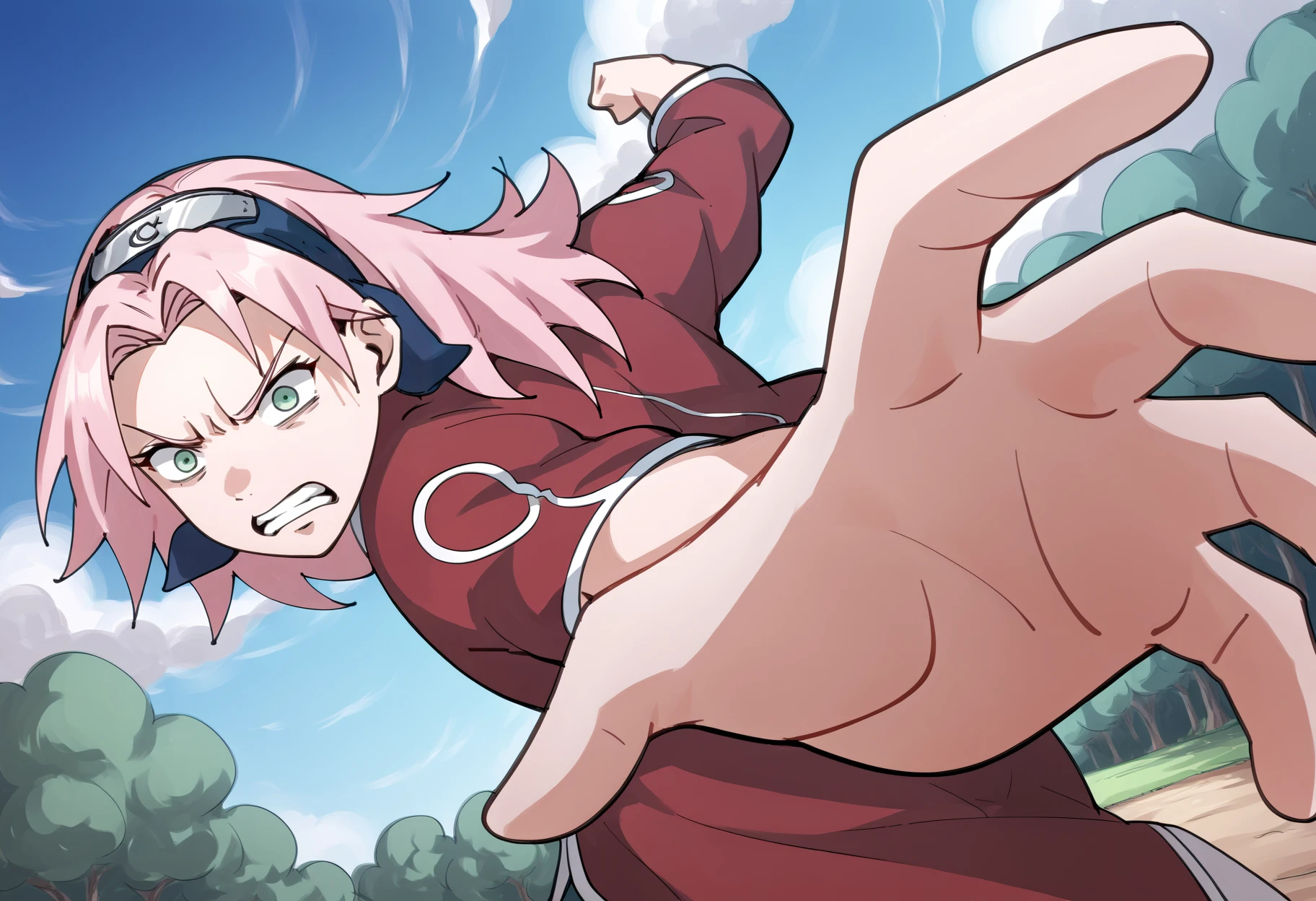 score_9, score_8_up, score_7_up, score_6_up, score_5_up, score_4_up, BREAK, source_anime,
1girl, haruno sakura, pink hair, long hair, green eyes, red qipao, angry,
IncrsPunchMeme, incoming punch, blue sky, meadow
<lora:PepePunchMeme_XLPD:1>  <lora:SakuraGeninXL:1>