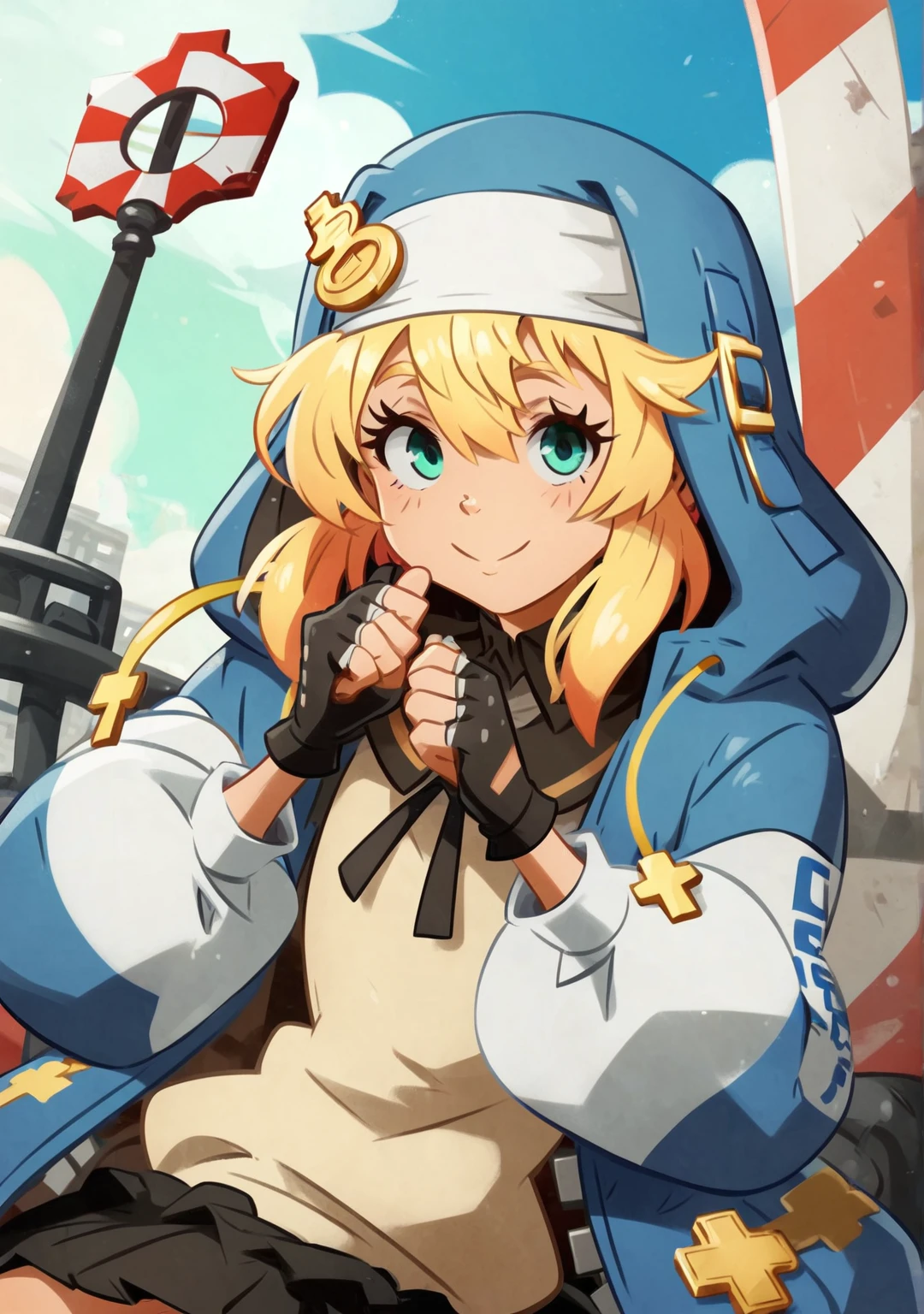 score_8_up, score_7_up, score_6_up, score_5_up, score_4_up, anime screenshot, looking at viewer,
<lora:Bridget Guilty Gear (Autism SDXL)-000009:0.7> 1boy, bridget (guilty gear), hood, blonde hair, jacket, androgyne symbol, habit, black gloves, aqua eyes, hands up, police car,
<lora:khyle. style:1> khyle., traffic light,