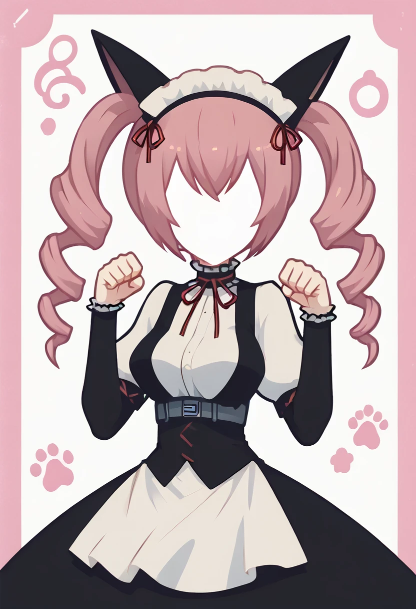score_9, score_8_up, score_7_up, score_6_up, score_5_up, score_4_up <lora:PonyMinimalStyle:1> Minimalstyle, ,faris nyannyan,1girl, simple, paw pose, faceless female, beautiful, extremely detailed, vector, <lora:steinsgate_nyannyan_ponyXL:1>, animal ears, twin drills, maid headdress, animal ears, maid, dress, apron, puffy short sleeves, black pantyhose, belt