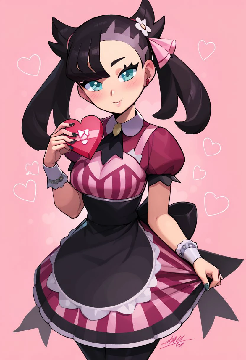 score_9, score_8_up, score_8, medium breasts, (curvy), cute, eyelashes, 
solo, smile, looking at viewer, apron, blush, box, creatures (company), dress, earrings, flower, game freak, hair flower, hair ornament, hair ribbon, heart-shaped box, highres, holding, jewelry, l4wless, marnie (palentines 2022) (pokemon), marnie (pokemon), nail polish, nintendo, pantyhose, pink ribbon, pokemon, pokemon masters ex, ribbon, simple background, pink background, twintails, valentine, waist apron, wrist cuffs, <lora:more_details:0.5> pink border, hearts background,