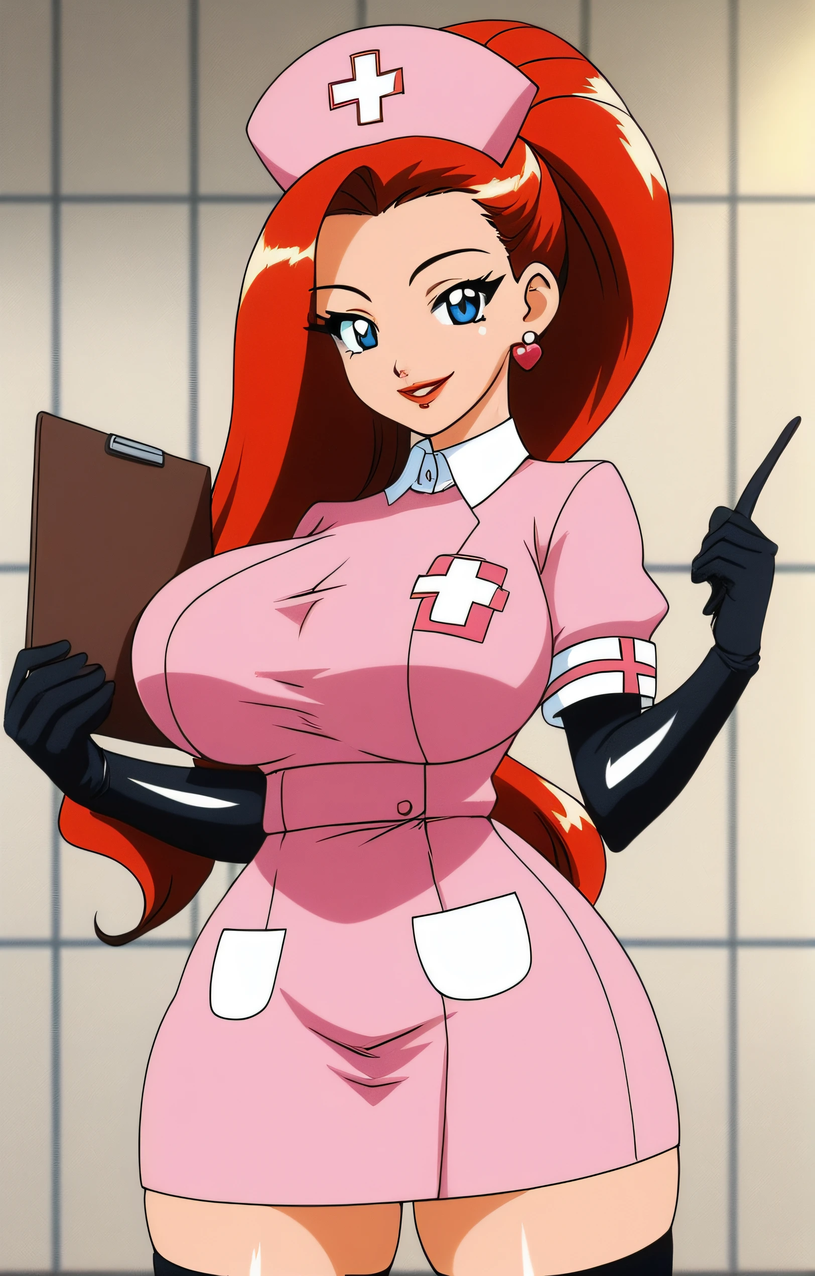 <lora:Jessie:0.7> <lora:Anime_Enhancer_XL:0.7> (oldest,retro artstyle),1girl,solo,long hair,breasts,looking at viewer,smile,blue eyes,skirt,big breasts,shirt,thighhighs,gloves,hat,holding,jewelry,ponytail,red hair,short sleeves,thighs,cowboy shot,earrings,parted lips,black gloves,elbow gloves,collared shirt,black thighhighs,indoors,apron,thighhighs,lips,zettai ryouiki,eyelashes,pink shirt,nurse cap,tiles,nurse,clipboard,tile wall,team rocket,latex gloves,jessie (pokemon)