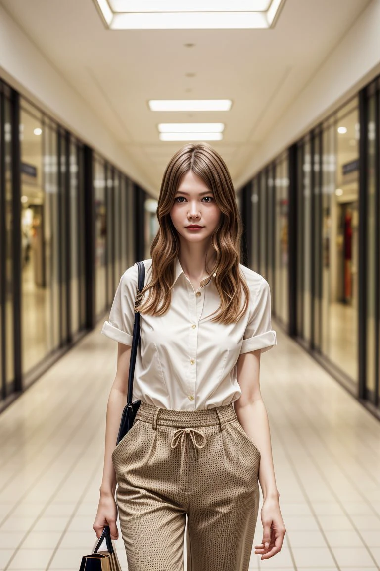 European woman, closeup, sandals, (shirt), pants, (shopping mall hallway), ZM_chelsea, wide shoulders, perfect face, (contact iris: 1.1), pale skin, skin pores , looking_at_viewer, depth of field