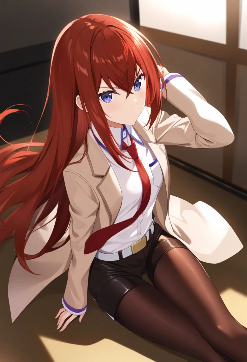 1girl,makise_kurisu(stein;gate),arm_up,belt,belt_buckle,black_pantyhose,black_shorts,buckle,closed_mouth,coat,collared_shirt,crossed_bangs,double-parted_bangs,dress_shirt,floating_hair,hair_between_eyes,hand_up,indoors,lab_coat,long_hair,long_sleeves,looking_at_viewer,necktie,open_clothes,blue eyes,open_coat,pantyhose,red_hair,red_necktie,shirt,shorts,solo,v-shaped_eyebrows,white_belt,white_coat,white_shirt,<lora:makise kurisu xl:1>,