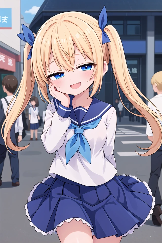 <lora:sensualface_type4_v3:1>
insanely detailed, absurdres, ultra-highres, ultra-detailed, best quality,
1girl, solo, nice hands, perfect hands,
BREAK
(wearing sailor school uniform, dark blue pleated skirt, white shirt),
(evil smile, ;3, smug, open mouth:1.3), fangs
BREAK
standing, hand on own face, 45 angle,
from below, cowboy shot, looking at viewer, tilt head
BREAK
slender, kawaii, perfect symmetrical face, ultra cute girl, ultra cute face, ultra detailed eyes, ultra detailed hair, ultra cute, ultra beautiful
BREAK
in harajuku, shibuya, tokyo, street, crowd, cityscape,
small breasts
BREAK
(gold blonde) hair, (short:1.3) twintails, blue eyes, blue hair ribbon, hair between eyes