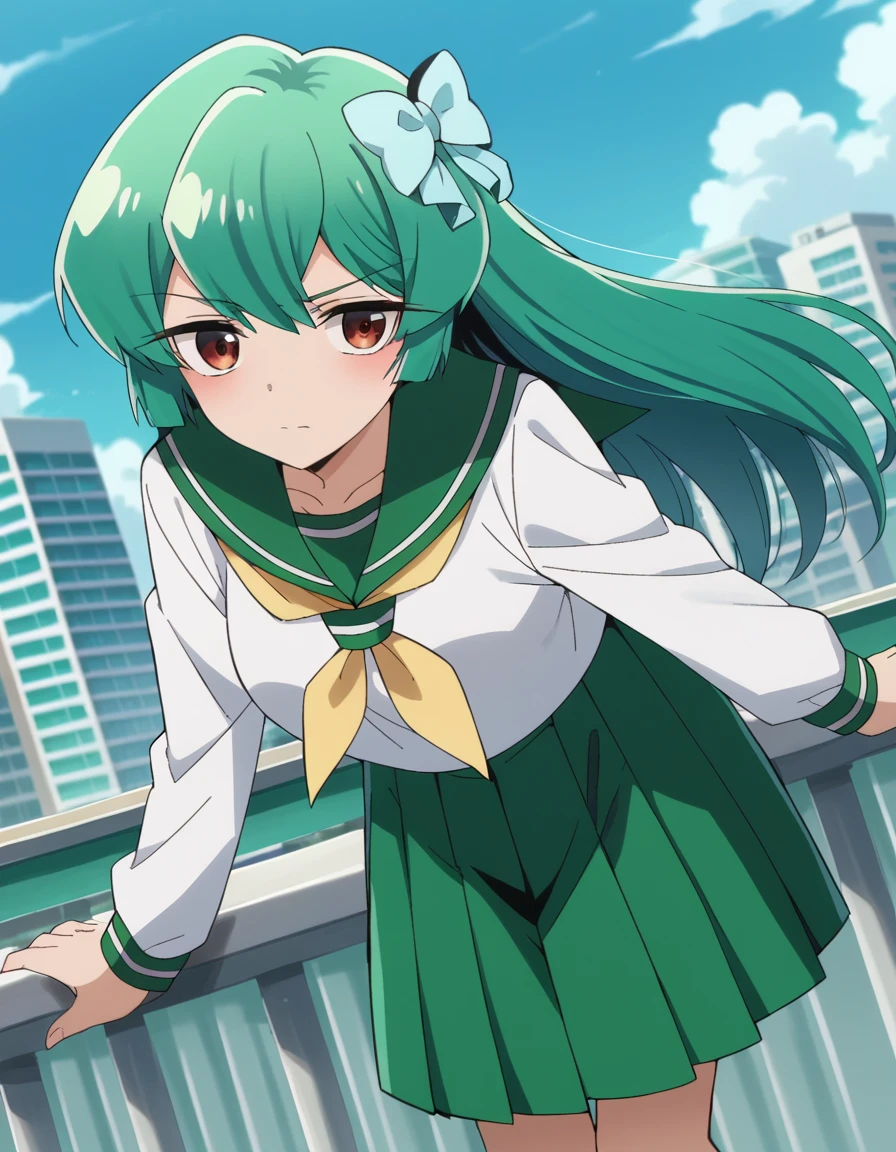 score_9, score_8_up, score_7_up, source_anime,
sayominakami, <lora:sayo-minakami-ponyxl-lora-nochekaiser:1>
sayo minakami, long hair, brown eyes, bow, hair bow, green hair,
skirt, shirt, long sleeves, school uniform, white shirt, pleated skirt, serafuku, sailor collar, neckerchief, green skirt, green sailor collar,
outdoors, cityscape, bent over,
looking at viewer, dutch angle, cowboy shot
