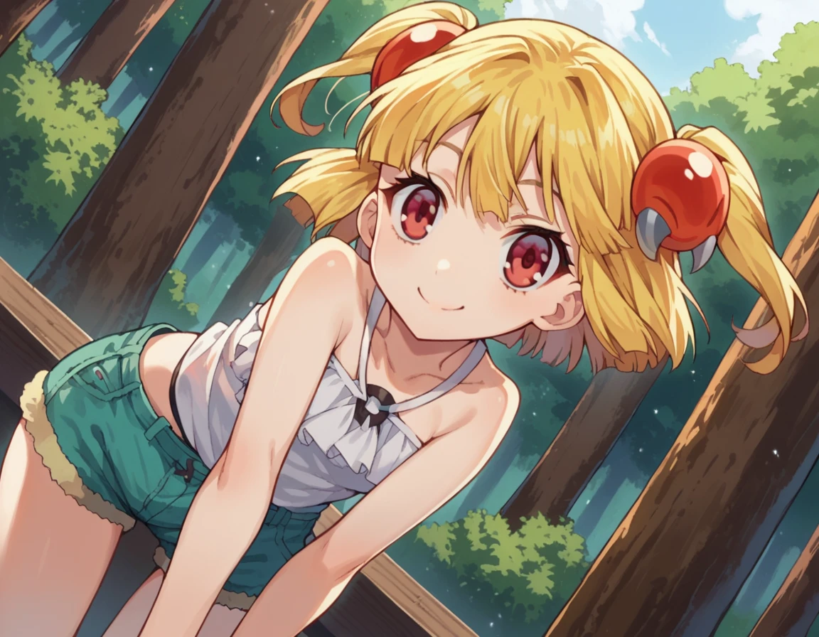 score_9, score_8_up, score_7_up, source_anime,
pattythesummer, <lora:patty-the-summer-ponyxl-lora-nochekaiser:1>
patty the summer, short hair, blonde hair, red eyes, twintails, two side up, hair ornament, smile,
shirt, white shirt, shorts,
outdoors, forest, bent over,
looking at viewer, dutch angle, cowboy shot