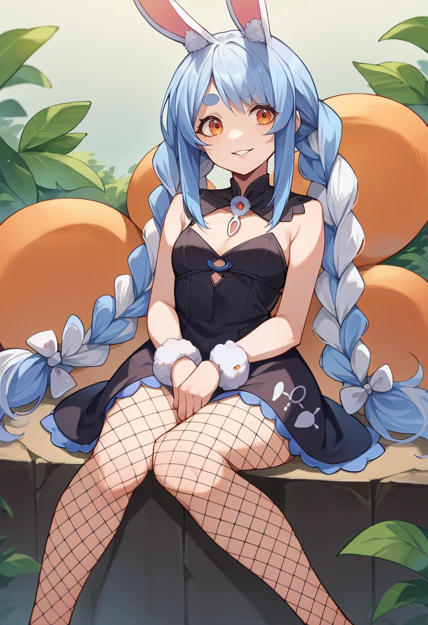 score_9, score_8_up, source_anime, 1girl, solo, UsadaPekora, orange eyes, thick eyebrows, rabbit ears, two-tone hair, blue hair, white hair, long hair, twin braids, witch, fishnets, fishnet pantyhose, black dress, smile, parted lips, sitting, <lora:ChamUsadaPekoraPonyXL:1>