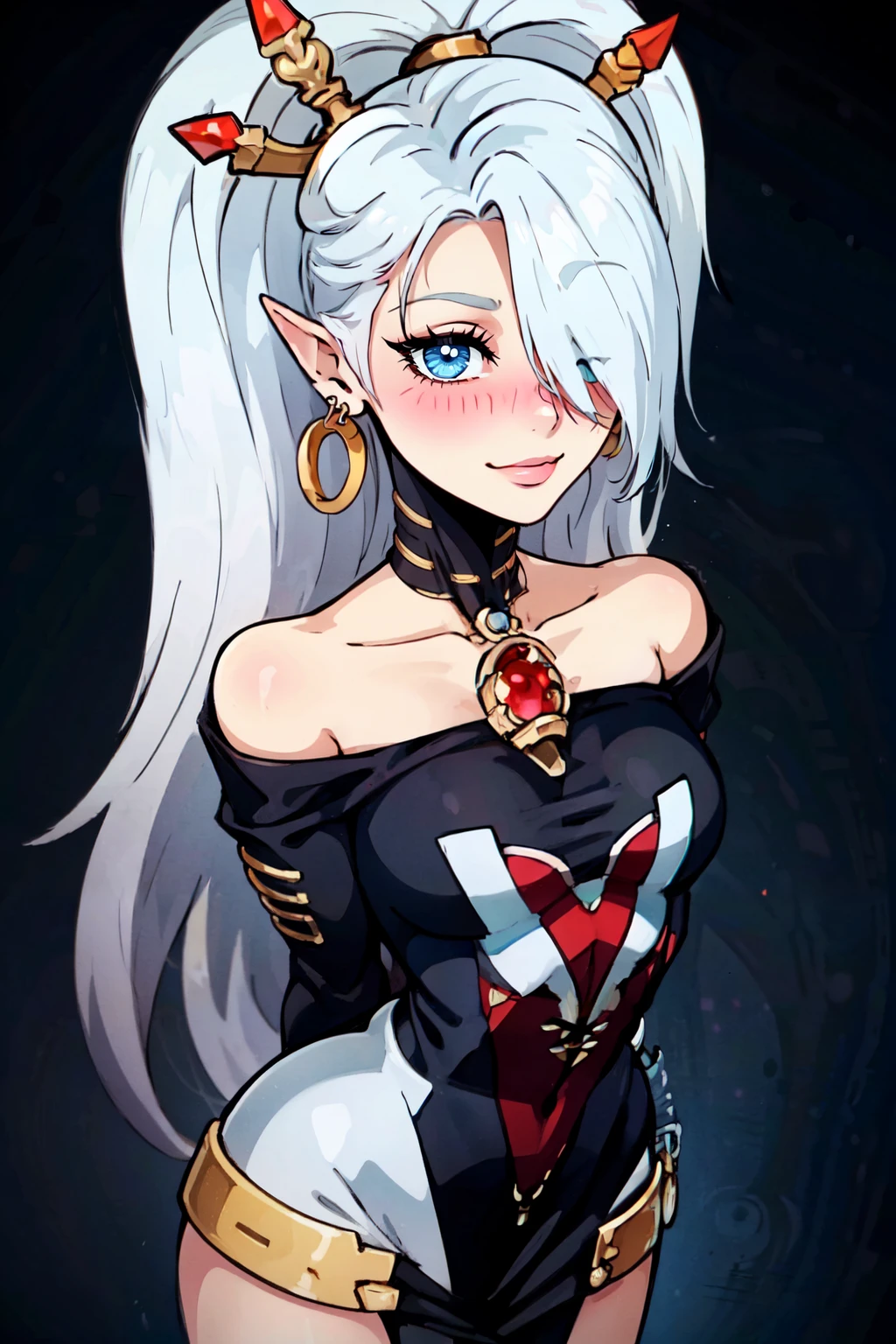 ((masterpiece,best quality)), absurdres, <lora:Yvraine_Warhammer_40K_v1:0.7>,   yvraine, long hair, blush, simple background, shirt, white background, jewelry, very long hair, white hair, earrings, off shoulder, hair over one eye, arms behind back, blue shirt,   solo, smiling, looking at viewer, cowboy shot, leaning forward,