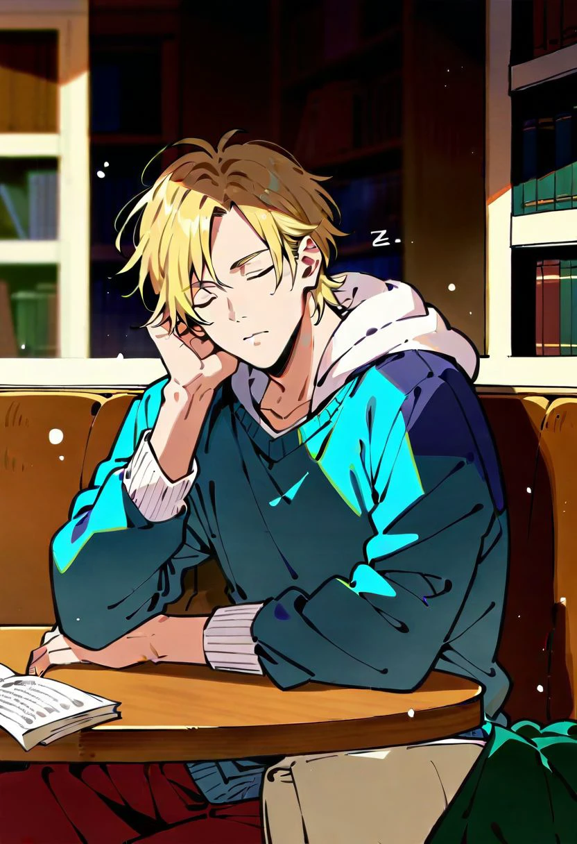 score_9, score_8_up, score_7_up, ash lynx, 1boy, solo, blonde hair, winter clothes, sitting, sleeping on table, library, ray of light, far shot,