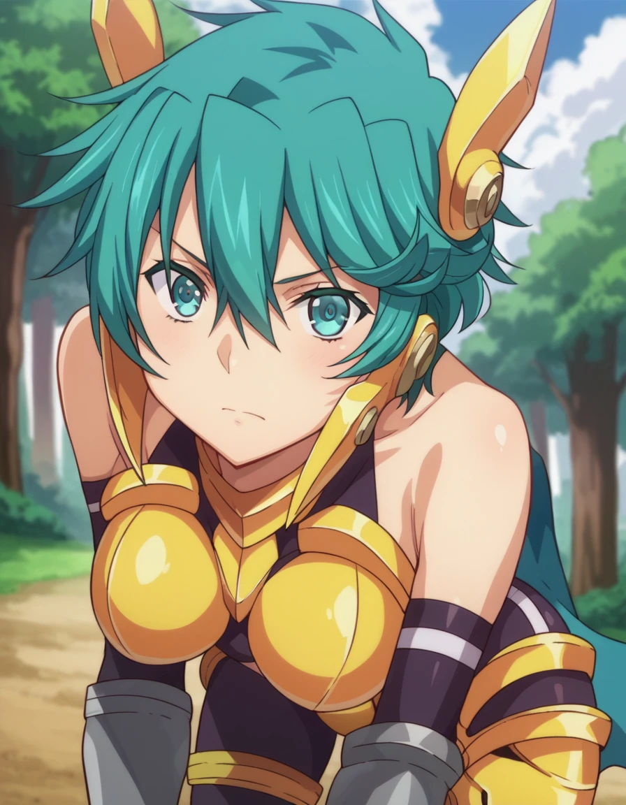 score_9, score_8_up, score_7_up, source_anime,
yulangmirage, <lora:yulang-mirage-ponyxl-lora-nochekaiser:1>
yulang mirage, short hair, aqua eyes, aqua hair, hair between eyes,
gloves, bare shoulders, elbow gloves, fingerless gloves, cape, armor, headgear, gold armor,
outdoors, forest, bent over,
looking at viewer, dutch angle, cowboy shot
