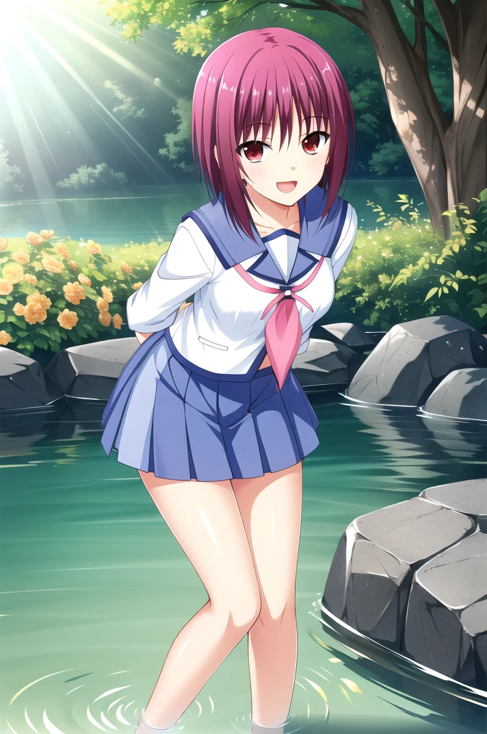 masterpiece, high quality, highres, 1girl, solo,
<lora:AngelBeats_Iwasawa-v1-07:0.6>, ChopioIwasawa, short hair, purple hair, red eyes, (looking at viewer:1.3),
mature female, medium breasts,
outfit_1, serafuku, blue sailor collar, white shirt, pink neckerchief, sleeves rolled up, wristband, blue skirt, pleated skirt,
nature, outdoors, pond, soaking feet, partially submerged, sunny, sunlight, light rays, lens flare, (depth of field:1.3), bokeh,
happy, open mouth, smile, standing, from side, arms behind back, leaning forward,