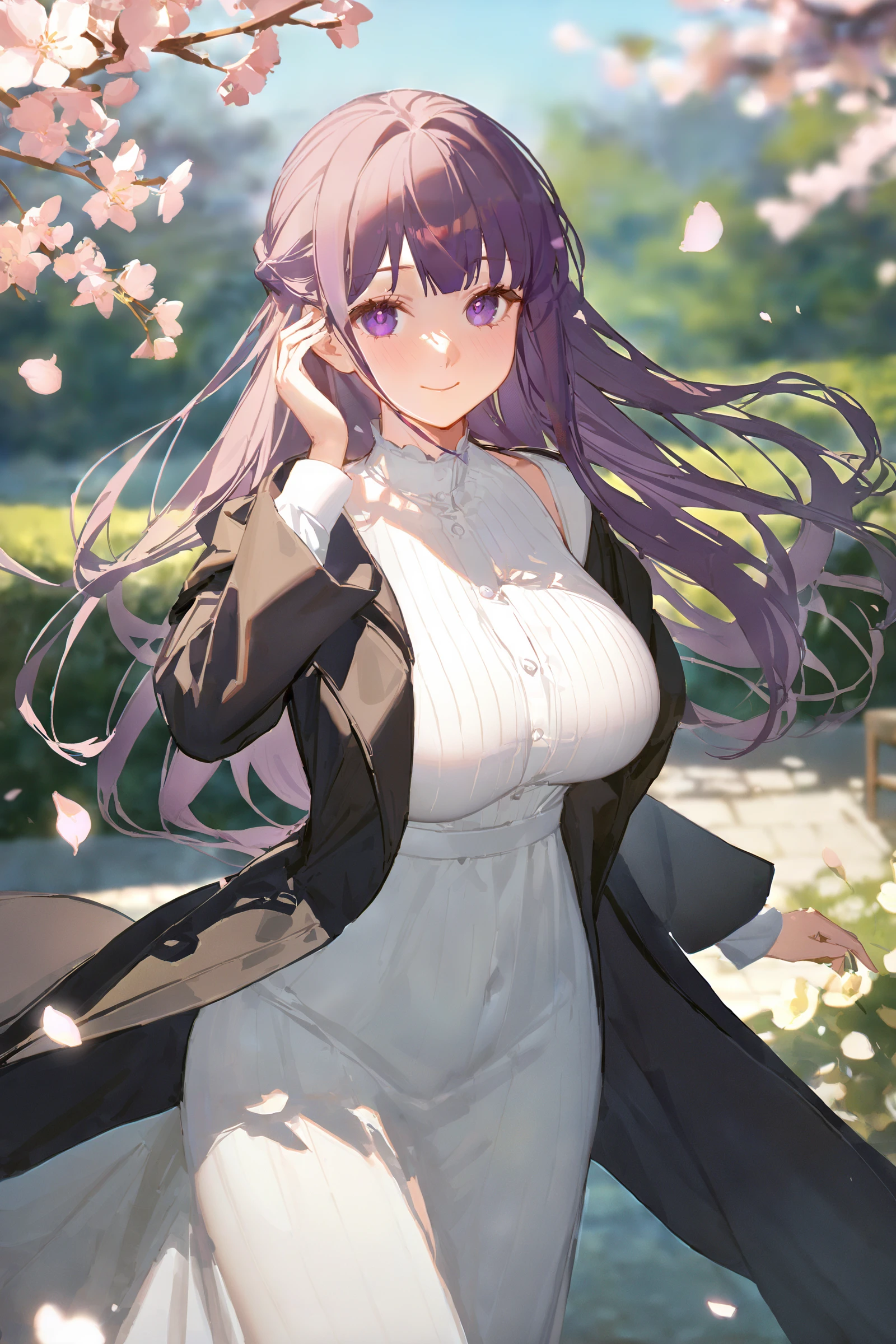 masterpiece, best quality, very aesthetic, ray tracing, newest,(hitenkei, askzy:0.5), 1girl, fern \(sousou no frieren\), solo, black coat, long white dress, cowboy shot, standing, hand in own hair, floating hair, looking at viewer, light smile, garden, blossoms, outdoors, depth of field, milf, large breasts, mature female <lora:quality1:0:hr=1>, <lora:Char-Fern-XL-V1:0.9>