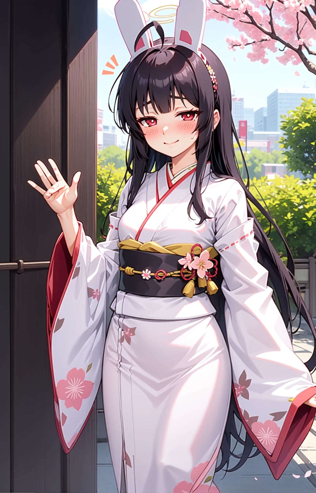 solo, masterpiece, best quality, outdoors, street, cherry blossom, (blush:1.3), miyu, red eyes, black hair, long hair, blunt bangs, ahoge, bunny ears, fake animal ears, halo, japanese clothes, kimono, long sleeves, wide sleeves, sash, floral print, standing, waving, smile, closed mouth