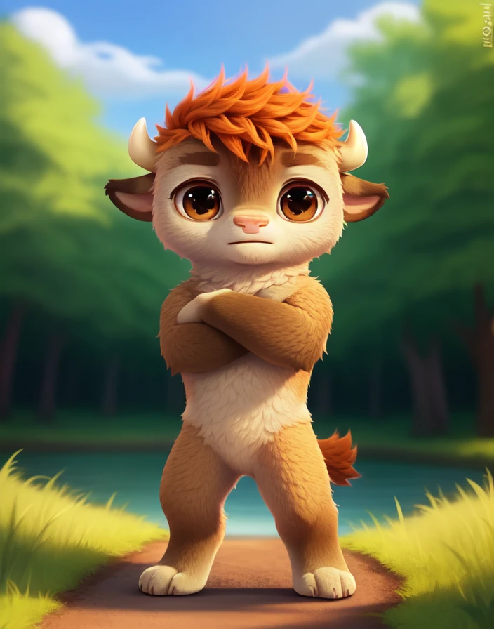 <lora:RonBisonCartoonYif:0.9>    RonBisonCartoon,    red hair, brown eyes, nude,
 solo,   looking at viewer, fighting stance
(beautiful, aesthetic, perfect, delicate, intricate, masterpiece, )  textured fur, [The sun is shining, nature, forest, river, trees, grass, road, sky with clouds,]  
by asnnonaka, by reysi, by ikiki  by silverfox5213,