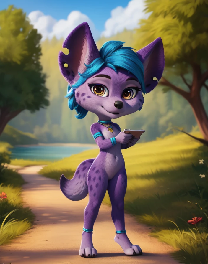  <lora:LenaHuenaCartoonYif:0.8>    LenaHuenaCartoon,  nude,   solo,   looking at viewer,   blue hair, purple fur, hyena, gray eyes,  tail
(beautiful, aesthetic, perfect, delicate, intricate, masterpiece, )  textured fur, [The sun is shining, nature, forest, river, trees, grass, road, sky with clouds,]  chibi
[by personalami], by smitty g, [[[by Foxovh]]], [[by Ross Tran]]  
