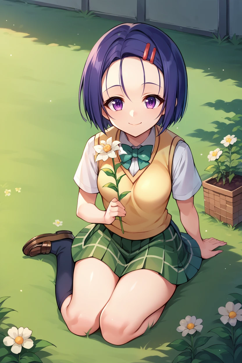 score_9, score_8_up, score_7_up, score_6_up, source_anime, BREAK <lora:tlrharuna-pdxl-nvwls-v1-000005:1> tlrharuna, medium hair, hairclip, green bowtie, yellow sweater vest, white shirt, short sleeves, green miniskirt, plaid, short skirt, sitting, on ground, grass, holding flower, smile, closed mouth, looking at you, socks, loafers