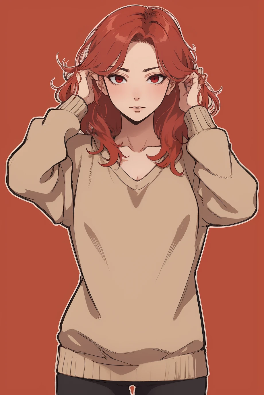 masterpiece, best quality, outline, hand in own hair, 
looking at viewer, red eyes, [blush:0.2], mature female, oversized sweater, flat chest