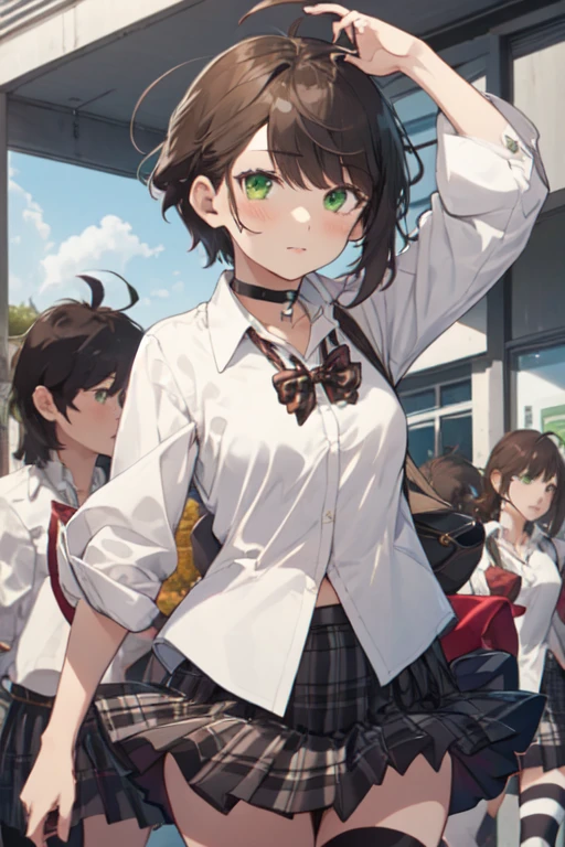 AkaneFujisaki, 1girl, short hair, checkered skirt, brown hair, white shirt, thighhighs, medium breasts, school uniform, green eyes, ahoge, pleated skirt, choker, collared shirt, miniskirt, bowtie, plaid skirt, red bowtie, sleeves rolled up, 