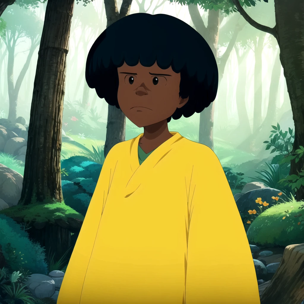 1boy, solo, Tao, black hair,  black eyes, dark skin, dark-skinned male,  afro, yellow robe poncho,<lora:Tao_CityOfGold_Leaf1:0.8>, cowboy shot, forest,