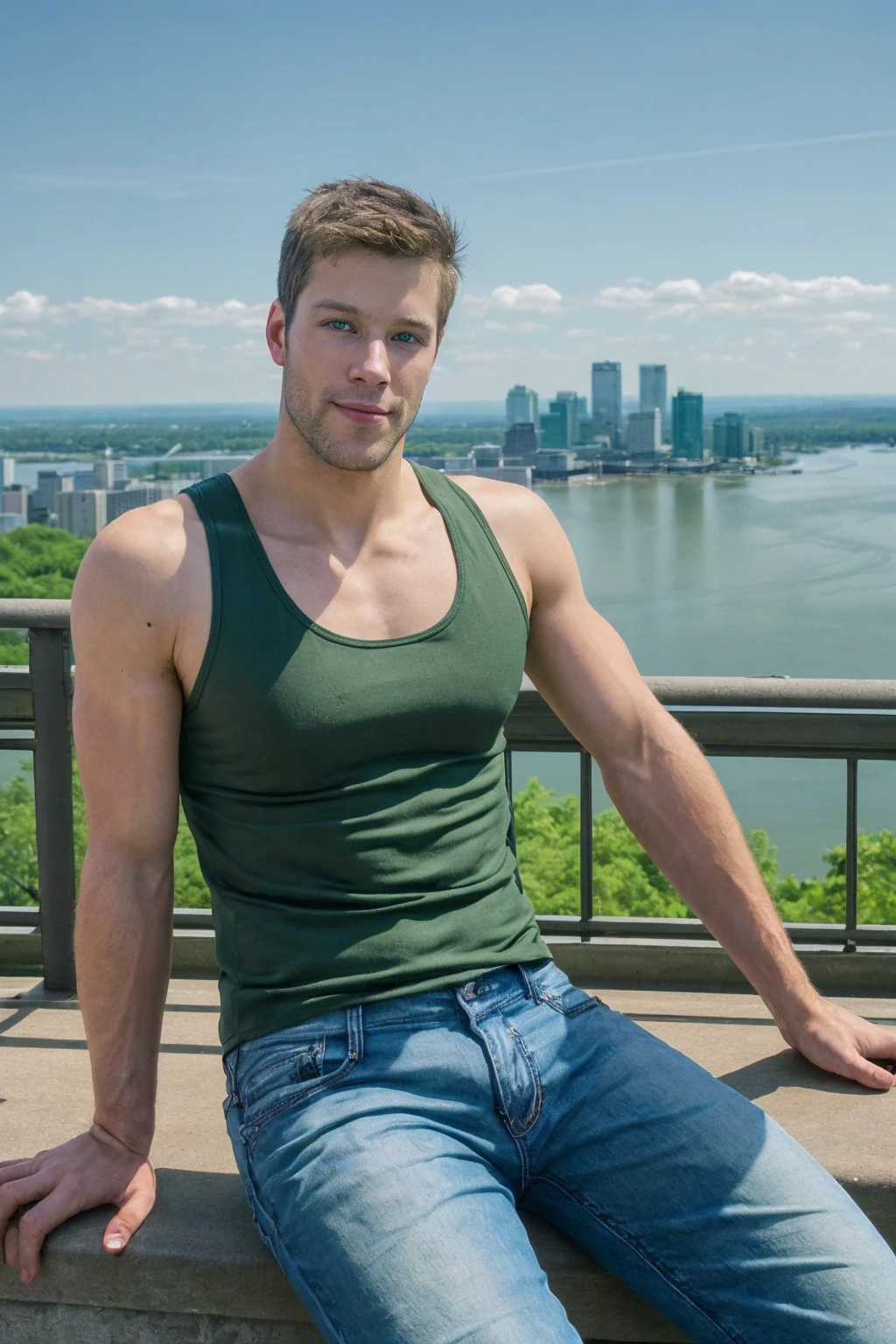 photo of philperson <lora:phil_epoch_5:0.8>, beard, wearing green tank top and shorts, casual pose, relaxed confident expression, fashion photography, Montreal skyline provides a stunning backdrop, with the famous Mount Royal in the distance and the Saint Lawrence River gently flowing nearby